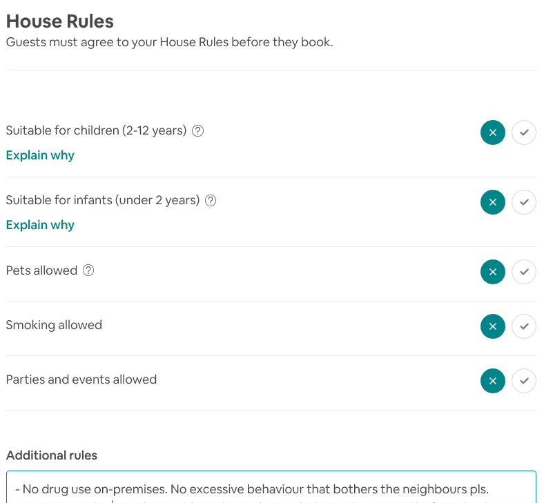 Airbnb Hosting A screen shot of the Airbnb hosting house rules screen.