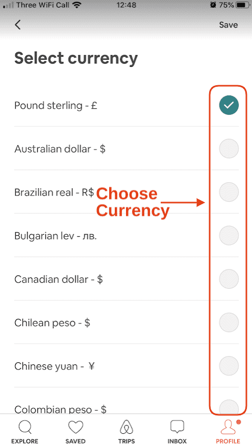 Airbnb Hosting A screenshot of the currency selection screen on an Airbnb Hosting app for iPhone.