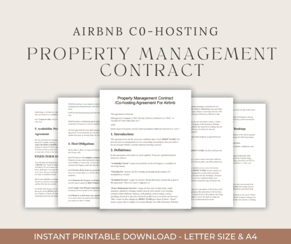 Property Management Contract Template Short Term Reservations Holiday Home Rental Lease Co-Host Agreement Sample Editable Airbnb VRBO