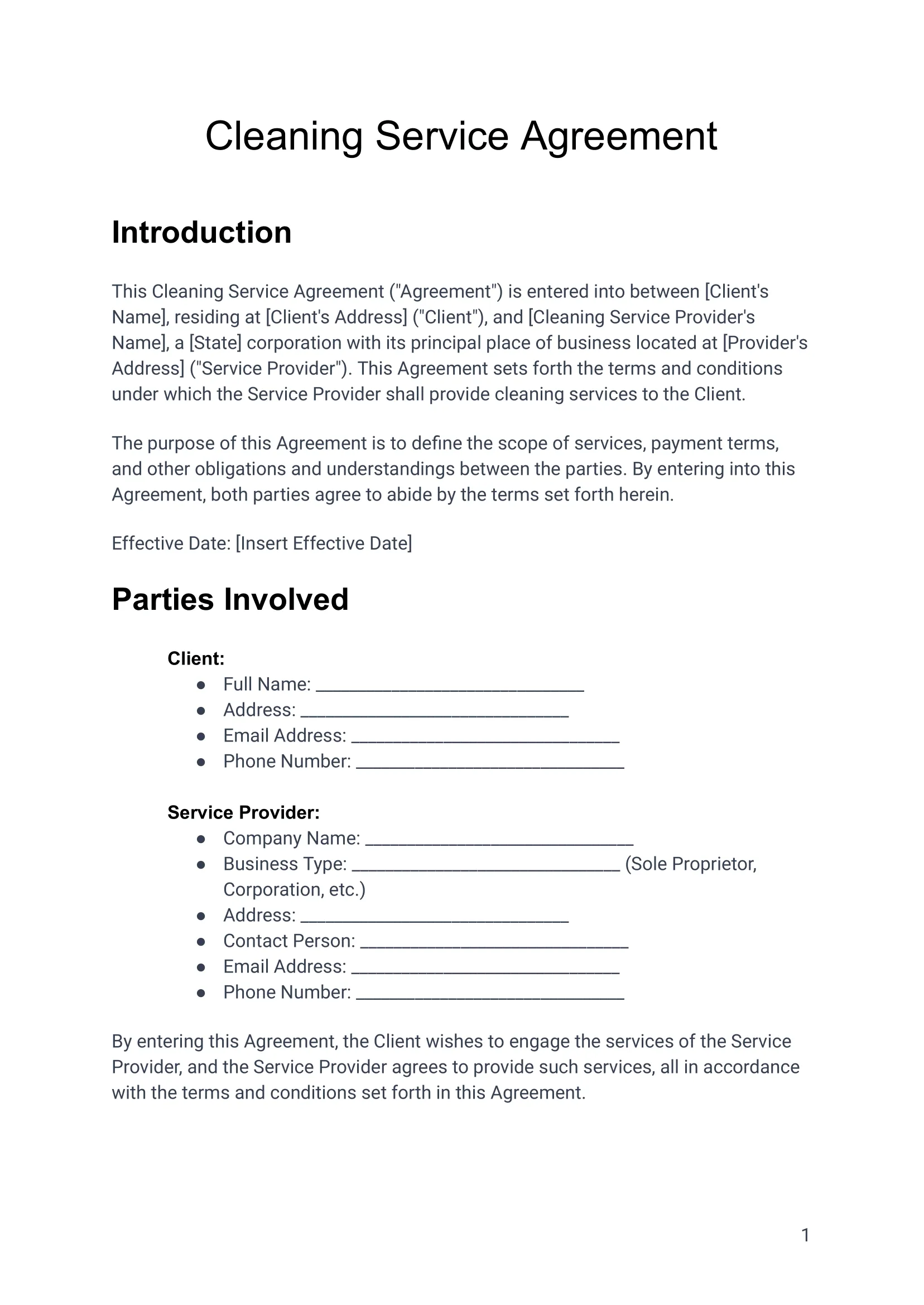 Cleaning Service Agreement For Residential Properties, Airbnb VRBO -01 Airbnb Cleaning Contract Agreement Template