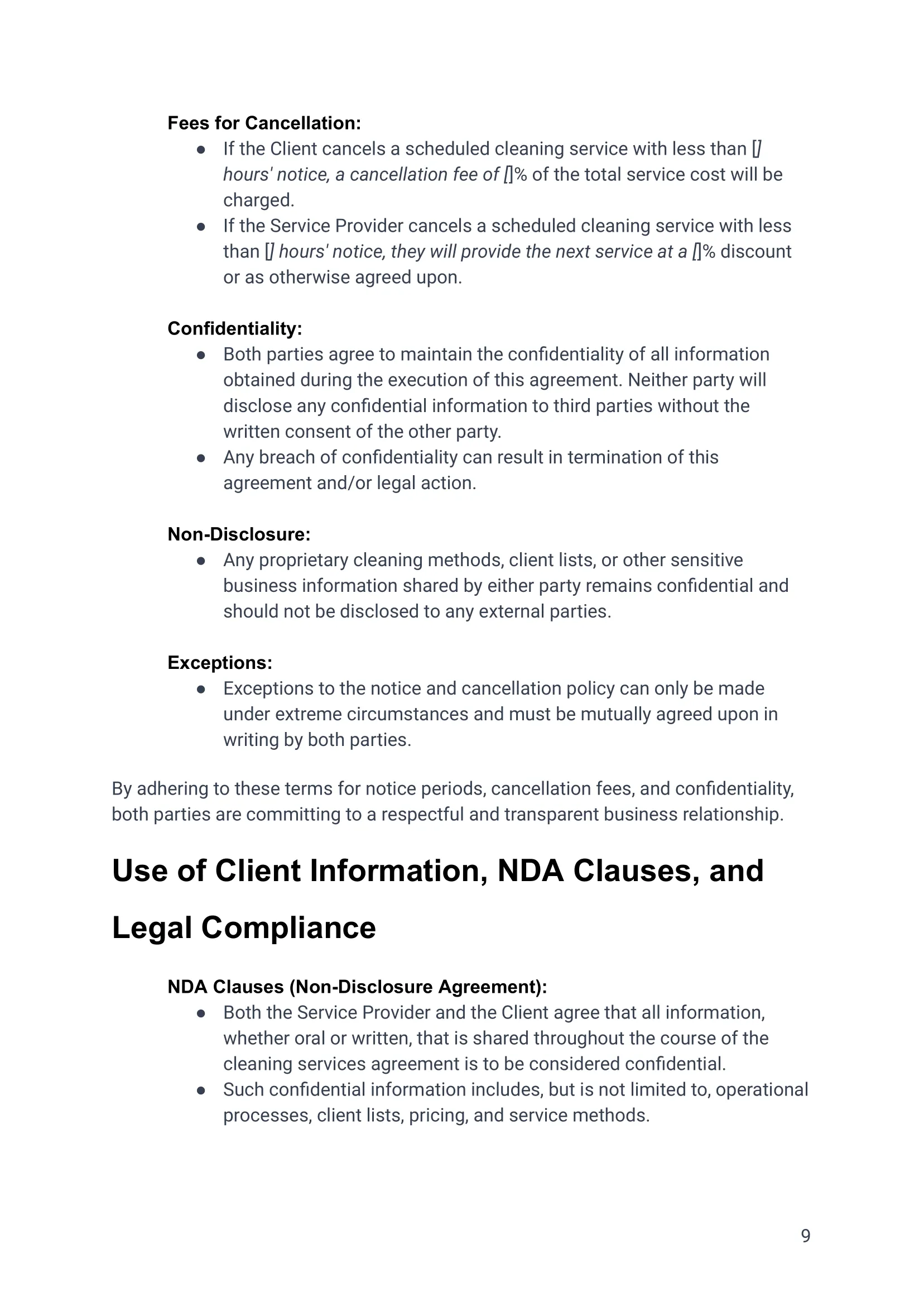 Cleaning Service Agreement For Residential Properties, Airbnb VRBO -09 Airbnb Cleaning Contract Agreement Template