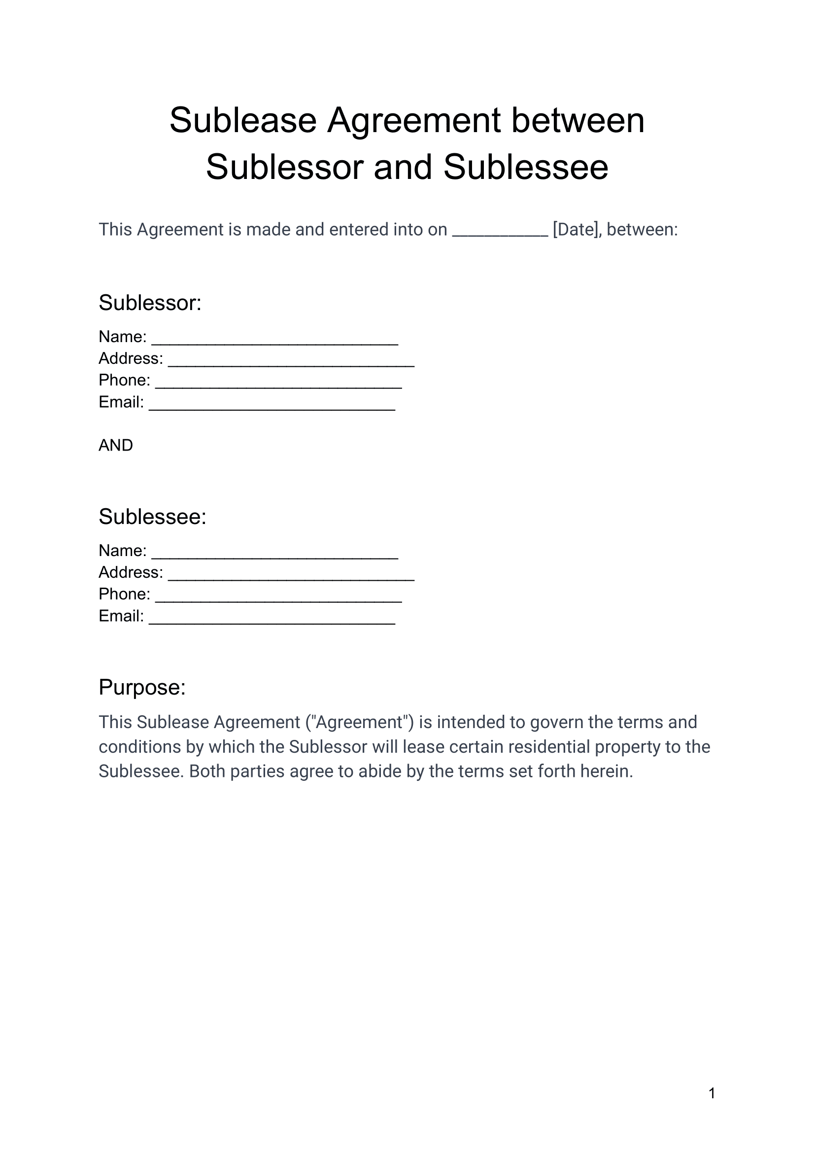Sublease Agreement between Sublessor and Sublessee-01 Airbnb Sublease Agreement Template