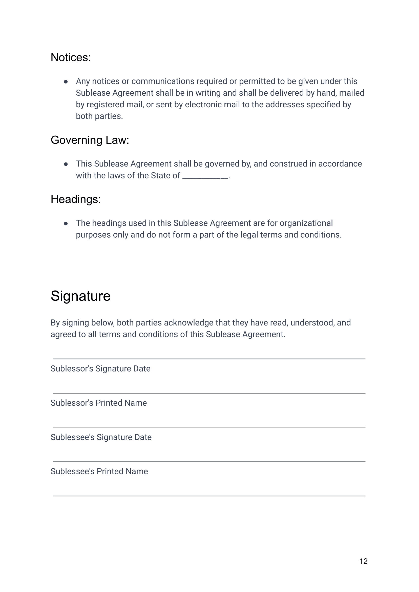 Sublease Agreement between Sublessor and Sublessee-12 Airbnb Sublease Agreement Template