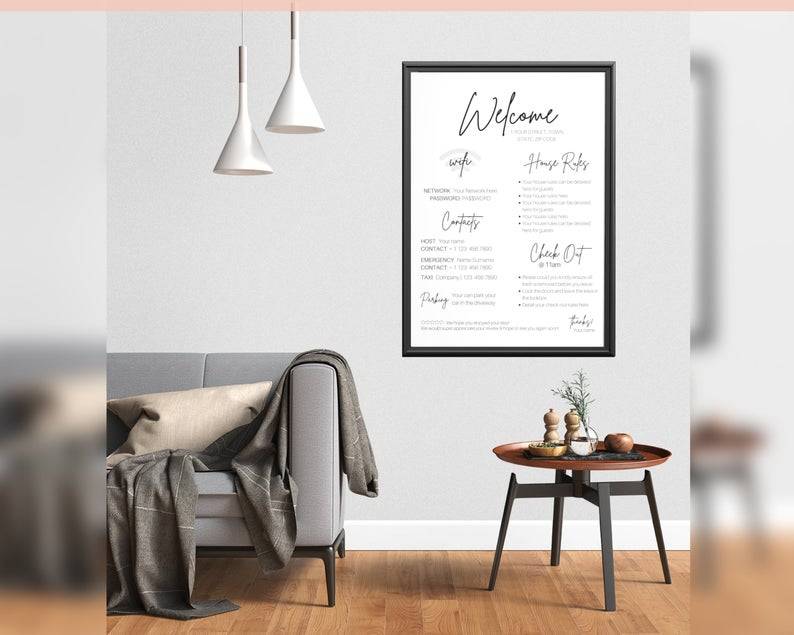 Airbnb Hosting A framed Airbnb Welcome Sign Wifi Details House Rules Template in an Airbnb living room.